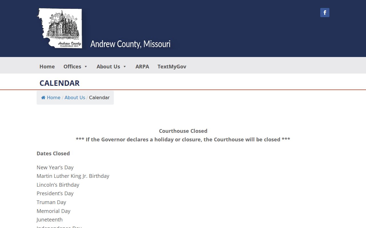 Andrew County court calendar closure and holiday information